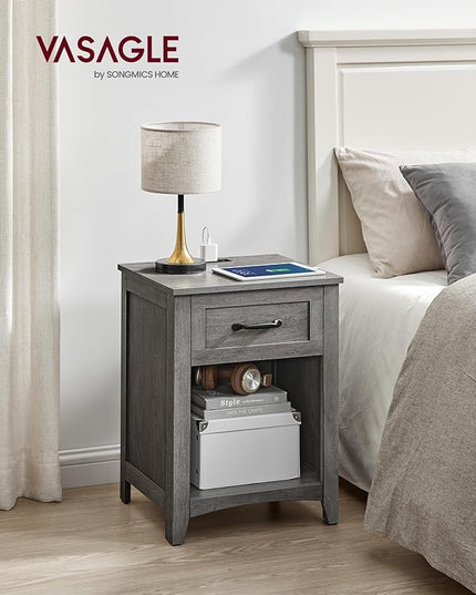 VASAGLE Farmhouse Nightstand with Charging Station, Bedside Table with Drawer, Open Compartment, Side Table with Storage, for Bedroom, Misty Gray ULET659G68 - LeafyLoom