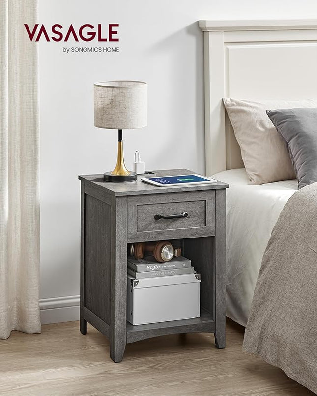 VASAGLE Farmhouse Nightstand with Charging Station, Bedside Table with Drawer, Open Compartment, Side Table with Storage, for Bedroom, Misty Gray ULET659G68 - LeafyLoom