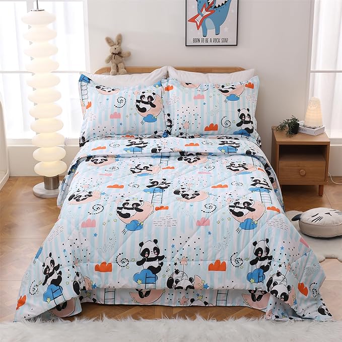 JSD Cute Panda Kids Comforter Set, 3 Pieces Full Microfiber Comforter with Pillow Shams, Soft Comfortable Machine Washable - LeafyLoom