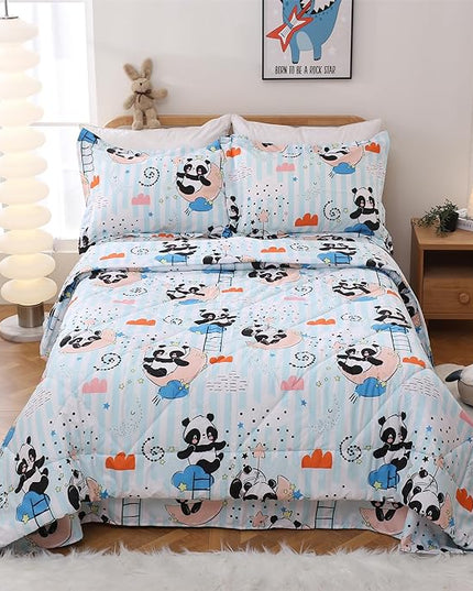 JSD Cute Panda Kids Comforter Set, 2 Pieces Twin Microfiber Comforter with Pillow Sham, Soft Comfortable Machine Washable - LeafyLoom