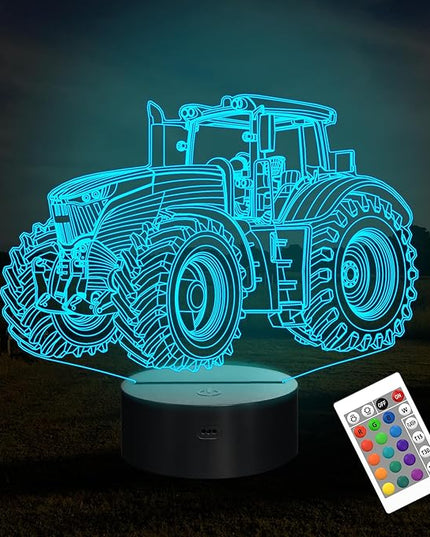 Attivolife Tractor 3D Illusion Night Lamp, 16 Color Changing Dimmable Hologram Lighting, Timer Toy USB Charge Table Desk Bedroom Decoration Creative Gift for Kid Boy with Remote Control - LeafyLoom