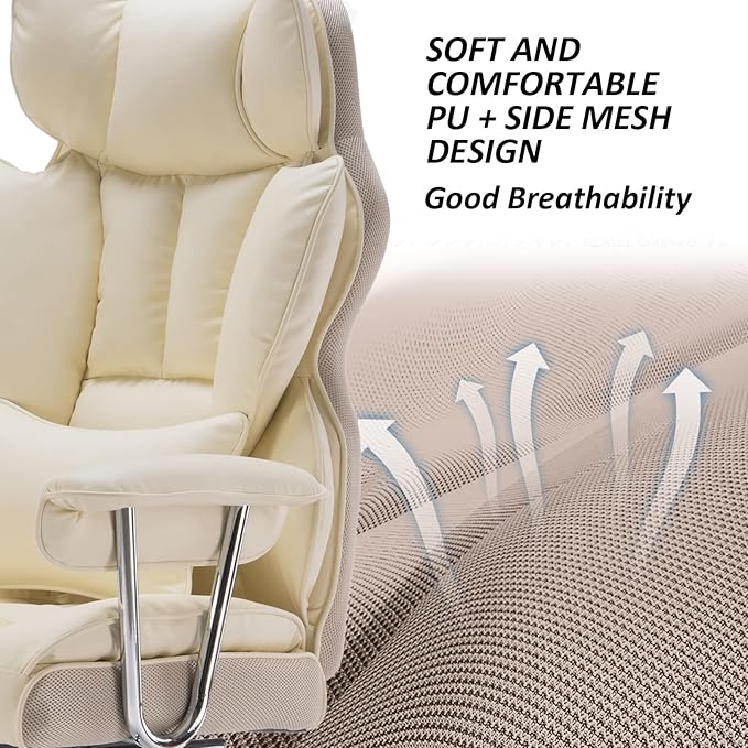 Desk Office Chair 400LBS, Big and Tall Office Chair, PU Leather Computer Chair, Executive Office Chair with Leg Rest and Lumbar Support, Beige Office Chair - LeafyLoom