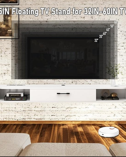 Floating TV Unit, 55'' Wall Mounted TV Cabinet, Floating Shelves with Door, Modern Entertainment Media Console Center Large Storage TV Bench for Living Room & Office (55.12IN, White) - LeafyLoom