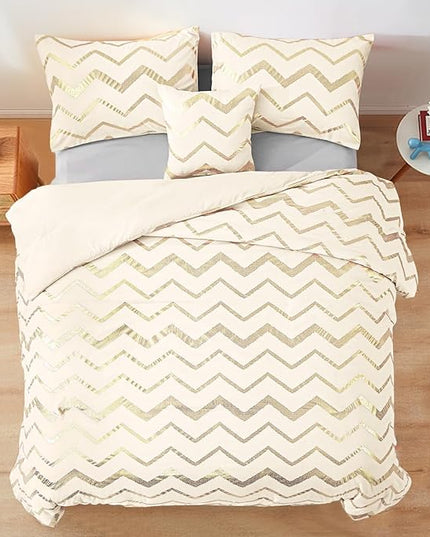 Cream Comforter Set Queen Size Metallic Gold Bedding Set All Season Lightweight Microfiber Comforter for Girls, 4 Piece (2 Pillow Shams + 1 Decorative Pillow Sham) - LeafyLoom