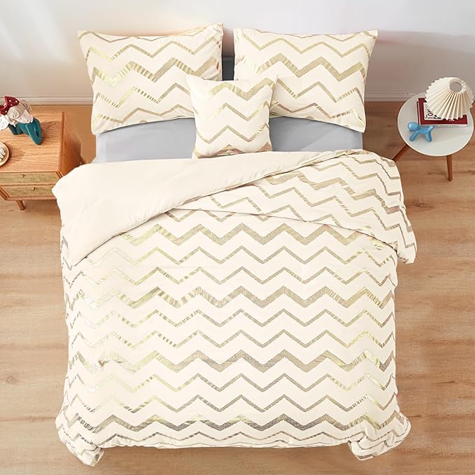 Cream Comforter Set Queen Size Metallic Gold Bedding Set All Season Lightweight Microfiber Comforter for Girls, 4 Piece (2 Pillow Shams + 1 Decorative Pillow Sham) - LeafyLoom