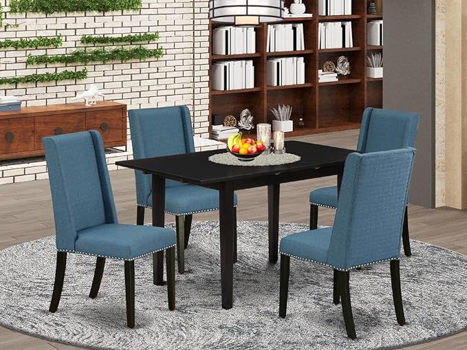 East West Furniture NOFL5-BLK-21 5 Piece Dinette Set for 4 includes a Rectangle Dining Room Table with Butterfly Leaf and 4 Blue Linen Fabric Upholstered Chairs, 32x54 Inch - LeafyLoom
