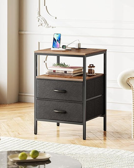 Night Stand with Charger Station, 27.7 Inch Tall Nightstand, Bed Side Table with 2 Fabric Drawers, Fabric Drawer Dresser for Bedroom, Living Room, Rustic Brown and Black - LeafyLoom