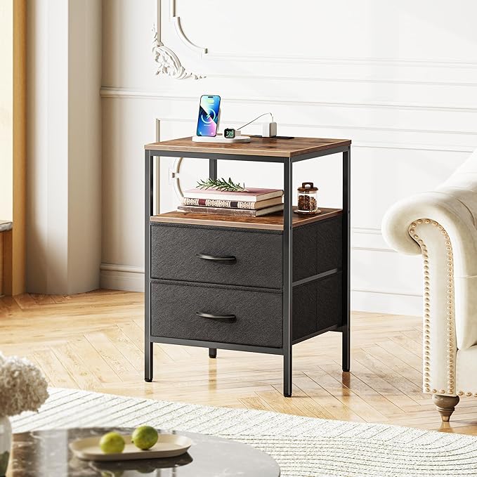 Night Stand with Charger Station, 27.7 Inch Tall Nightstand, Bed Side Table with 2 Fabric Drawers, Fabric Drawer Dresser for Bedroom, Living Room, Rustic Brown and Black - LeafyLoom