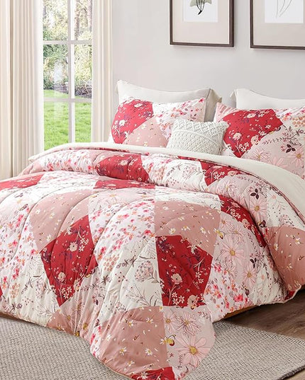 Whale Flotilla Queen Full Comforter Set, Soft Reversible Red Bedding Comforter Set with Boho Pattern, 1 Micoriber Patchwork Comforter and 2 Pillow Shams, 3 Pieces - LeafyLoom