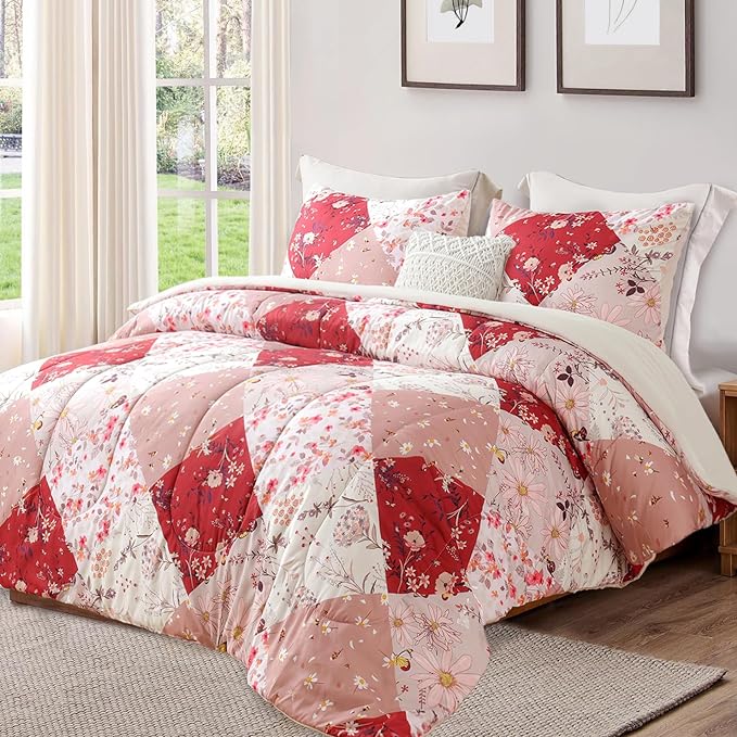 Whale Flotilla Queen Full Comforter Set, Soft Reversible Red Bedding Comforter Set with Boho Pattern, 1 Micoriber Patchwork Comforter and 2 Pillow Shams, 3 Pieces - LeafyLoom