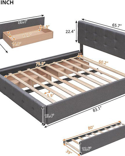 Queen Size Platform Bed, Queen Linen Fabric Upholstered Platform Bed Frame with 2 Storage Drawers and 1 Twin XL Trundle, Ideal Bedroom Furniture, No Box Spring Needed, Dark Gray - LeafyLoom