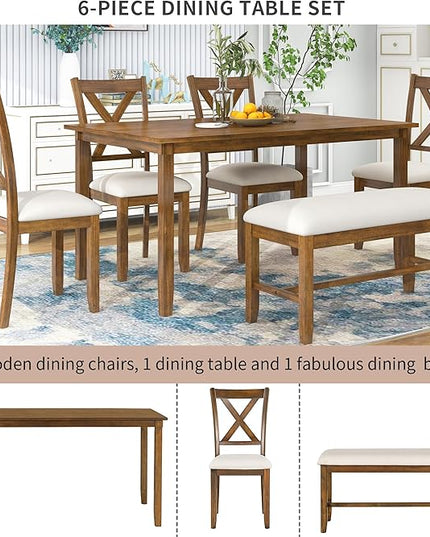 RITSU 6-Piece Family Rectangular Dining Table Set with 4 Upholstered Fabric Chairs and Bench, w/Rubberized Solid Wood Structure X-Shaped Backrest, Suitable for Living Room, Kitchen, Natural Cherry - LeafyLoom