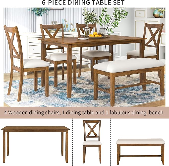 RITSU 6-Piece Family Rectangular Dining Table Set with 4 Upholstered Fabric Chairs and Bench, w/Rubberized Solid Wood Structure X-Shaped Backrest, Suitable for Living Room, Kitchen, Natural Cherry - LeafyLoom