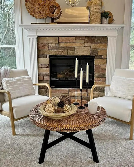 Round Coffee Table, Seagrass Coffee Solid Pine Wood X Base Frame Cocktail Table, Easy Assembled, Multiple Sizes for Living Room, 32 x 17 Inches,Gold - LeafyLoom