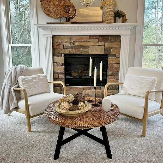 Round Coffee Table, Seagrass Coffee Solid Pine Wood X Base Frame Cocktail Table, Easy Assembled, Multiple Sizes for Living Room, 32 x 17 Inches,Gold - LeafyLoom