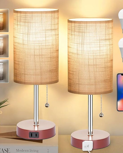 Bedside Lamp Set of 2 Table Lamps for Bedroom, 2700K/4000K/5000K Nightstand Lamp with Pull Chain and AC Outlet, Brown Table Lamp for Living Room Reading Kids Room(6W LED Bulbs Included). - LeafyLoom