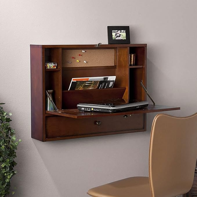 SEI Furniture Benwick Wall Mount Laptop Desk - Brown Mahogany (L x W x H): 26 x 6 x 20 inches - LeafyLoom