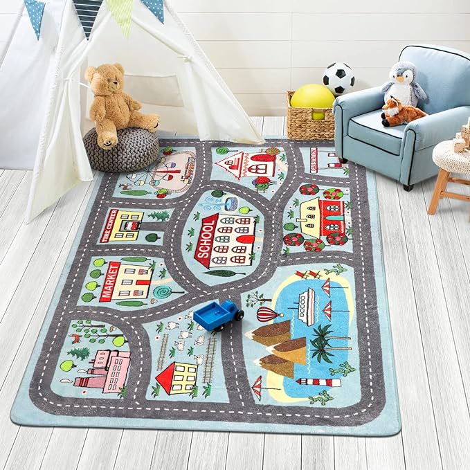 LIVEBOX Kids Rug 3'x5' Car Rug Play Mat for Playing Cars Toys, City Life Playroom Rug Educational Carpet for Children Boy Girl,Road Traffic Nursery Rug for Kids Room Play Area - LeafyLoom