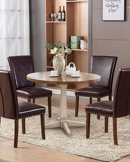 COLAMY Upholstered Parsons Dining Chairs Set of 2, PU Leather Dining Room Kitchen Side Chair with Nailhead Trim and Wood Legs - Dark Brown - LeafyLoom