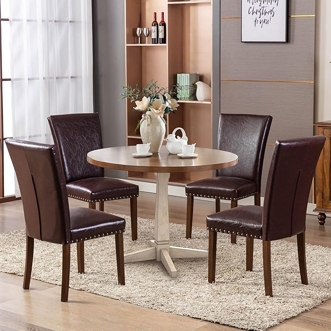 COLAMY Upholstered Parsons Dining Chairs Set of 2, PU Leather Dining Room Kitchen Side Chair with Nailhead Trim and Wood Legs - Dark Brown - LeafyLoom