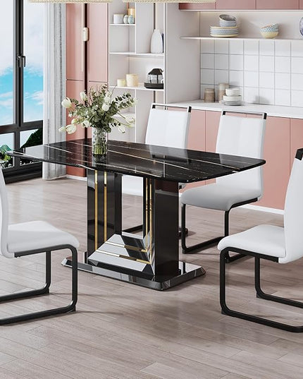 NicBex Dining Table Black Imitation Marble Pattern Desktop Black MDF Table Legs Gold Lines Black Base Suitable for Kitchen and Living Room, Black - LeafyLoom