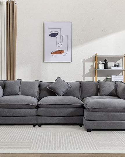 112.2" L-Shape Chenille Upholstered Sofa, Modern Luxury Couch with Movable Ottoman adn 5 Pillows, for Living Room, Apartment, 112.2 Inch, Gray - LeafyLoom