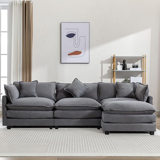 112.2" L-Shape Chenille Upholstered Sofa, Modern Luxury Couch with Movable Ottoman adn 5 Pillows, for Living Room, Apartment, 112.2 Inch, Gray - LeafyLoom