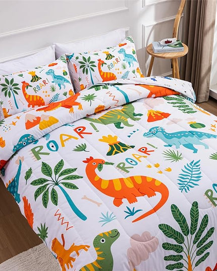 Meeting Story Dinosaur Bedding Set for Boys, Dinosaur Colorful Pattern Style Full Comforter Set, 3 PCS 1 Comforter and 2 Pillowcases in One Bag(Full,White) - LeafyLoom