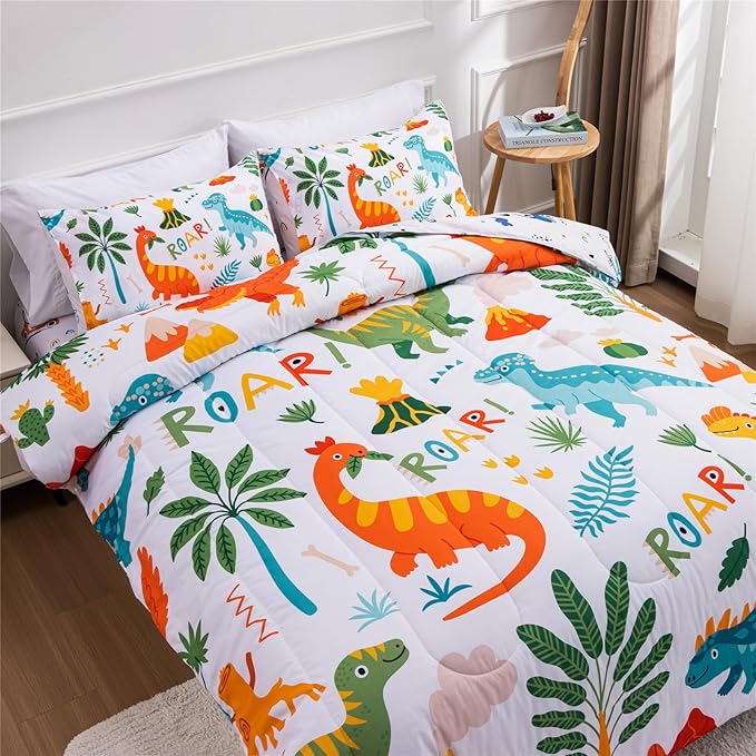 Meeting Story Dinosaur Bedding Set for Boys, Dinosaur Colorful Pattern Style Full Comforter Set, 3 PCS 1 Comforter and 2 Pillowcases in One Bag(Full,White) - LeafyLoom