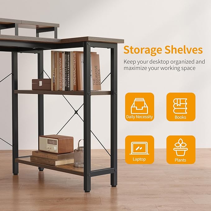 CubiCubi L Shaped Computer Desk with Monitor Stand & Shelves, 47 Inch Corner Home Office Desk Writing Table with Storage Drawer, Brown - LeafyLoom