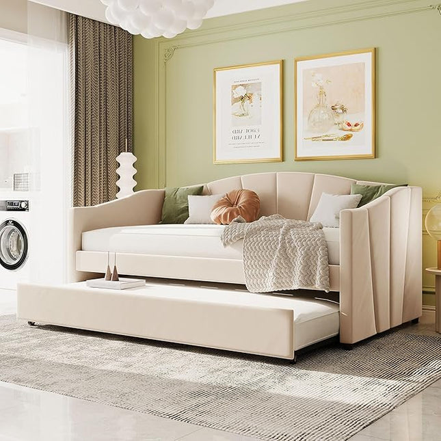 Twin Size Upholstered Daybed with Trundle, Wood Slat Support Sofa Bed with Armrest, No Box Spring Needed, Easy to Assemble, for Studio, Bedroom, Living, Guest Room, Beige - LeafyLoom