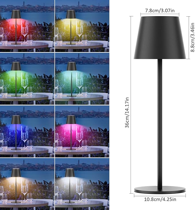 Aipsun Cordless Table Lamp RGB 2 Pack 5000mAh 3W Battery Operated Lamp Portable LED Black Rechargeable Table Lamp 3000K Stepless Dimming Touch Lamp for Home/Outdoor Waterproof - LeafyLoom