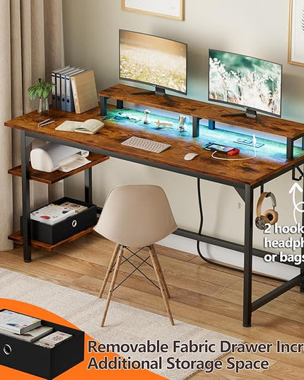 Furologee Computer Desk with Charging Station and LED Lights, 55" Office Gaming Desk with Adjustable Shelves and Fabric Drawer, Study Table with Monitor Stand and Hooks, Rustic Brown - LeafyLoom