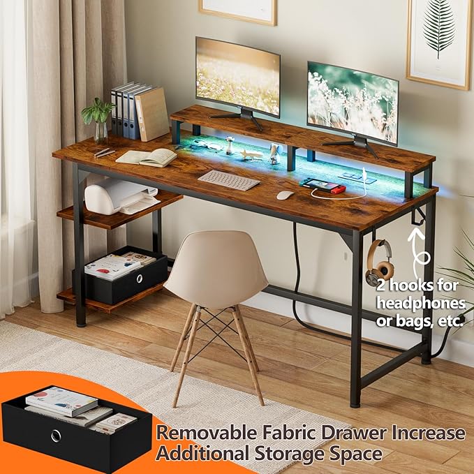 Furologee Computer Desk with Charging Station and LED Lights, 55" Office Gaming Desk with Adjustable Shelves and Fabric Drawer, Study Table with Monitor Stand and Hooks, Rustic Brown - LeafyLoom