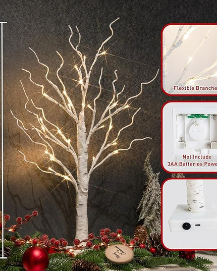OTAVILEM 2FT Artificial Birch Tree with LED Lights, Warm White Fairy Lights, Battery Powered Tabletop Centerpiece Decorations for Home, Christmas, Wedding, Indoor Decor - LeafyLoom