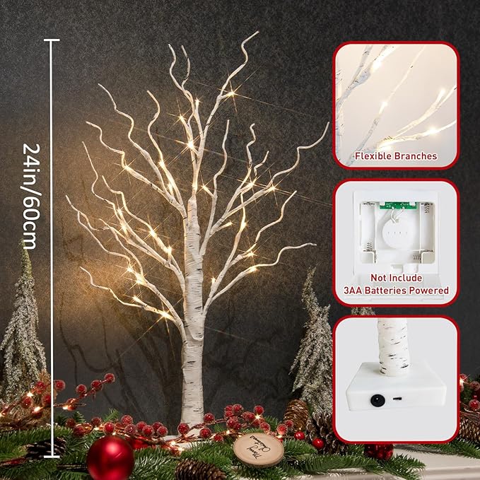 OTAVILEM 2FT Artificial Birch Tree with LED Lights, Warm White Fairy Lights, Battery Powered Tabletop Centerpiece Decorations for Home, Christmas, Wedding, Indoor Decor - LeafyLoom