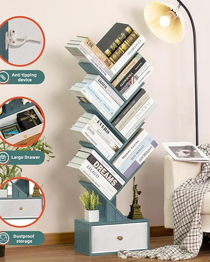 8 Tier Tree Bookshelf with Drawer, Free Standing Wood Bookcase for Narrow Space, Storage Organizer Bookshelves for Books, Book Case for Home Office, Living Room, Bedroom, Navy Blue - LeafyLoom
