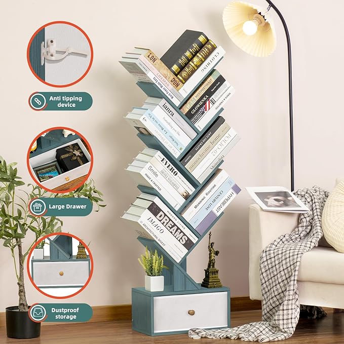 8 Tier Tree Bookshelf with Drawer, Free Standing Wood Bookcase for Narrow Space, Storage Organizer Bookshelves for Books, Book Case for Home Office, Living Room, Bedroom, Navy Blue - LeafyLoom