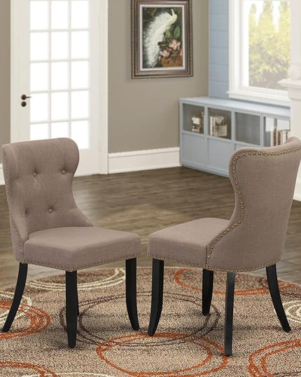 East West Furniture SIP6T48 Sion Parson Dining Room Button Tufted Nailhead Trim Coffee Linen Fabric Padded Chairs, Set of 2, Wirebrushed Black - LeafyLoom
