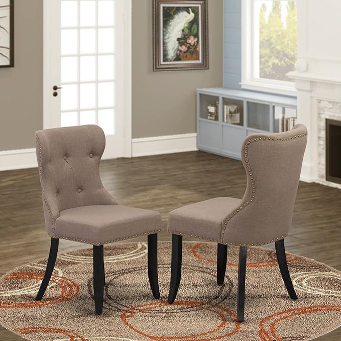 East West Furniture SIP6T48 Sion Parson Dining Room Button Tufted Nailhead Trim Coffee Linen Fabric Padded Chairs, Set of 2, Wirebrushed Black - LeafyLoom