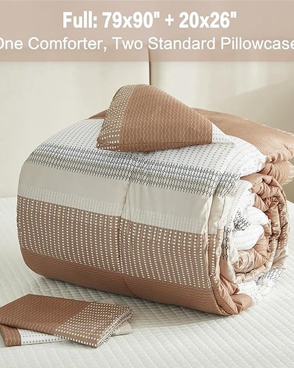 Litanika Full Size Comforter Sets Beige, 3 Pieces Lightweight Taupe Khaki White Colorblock Stripe Fluffy Bedding Comforter Sets, All Season Bed Set - LeafyLoom