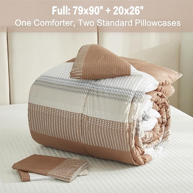 Litanika Full Size Comforter Sets Beige, 3 Pieces Lightweight Taupe Khaki White Colorblock Stripe Fluffy Bedding Comforter Sets, All Season Bed Set - LeafyLoom