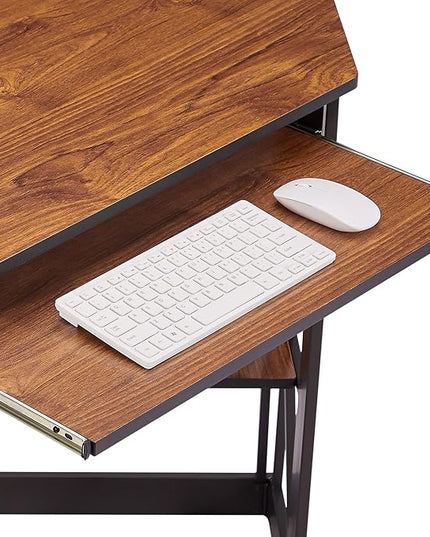 VECELO Corner Computer Desk Writing Smooth Keyboard Tray & Storage Shelves,Compact Home Office Triangle Table, Teak Brown - LeafyLoom