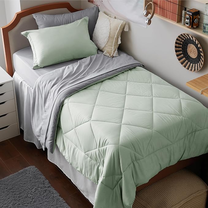 Bedsure Sage Green Twin XL Comforter Sets - 5 Pieces Reversible Twin XL Bedding Sets, Bed Sets Comforters, Sheets, Pillowcase & Sham, Grey XL Twin Bed in a Bag for College - LeafyLoom