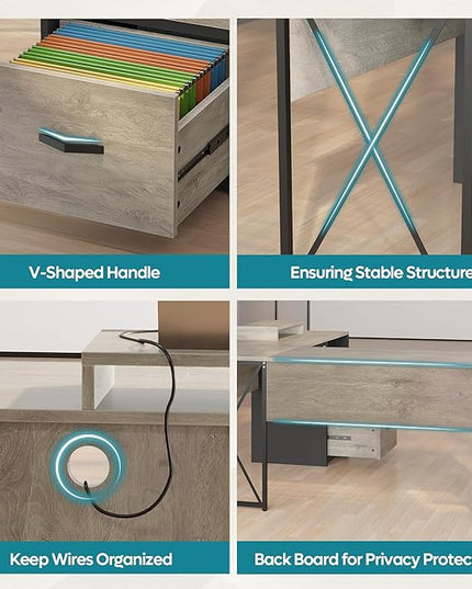 Bestier L Shaped Desk with Drawers, 55 inch Office L Desk with Reversible File Drawer, Industrial Wood Computer Desk with Monitor Stand (Retro Grey Oak Light) - LeafyLoom