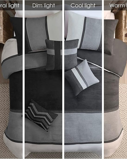 Madison Park Palisades Comforter Set Modern Faux Suede Pieced Stripe Design, All Season Down Alternative Cozy Bedding with Matching Shams, Decorative Pillows, Queen(90"x90"), Black 7 Piece - LeafyLoom