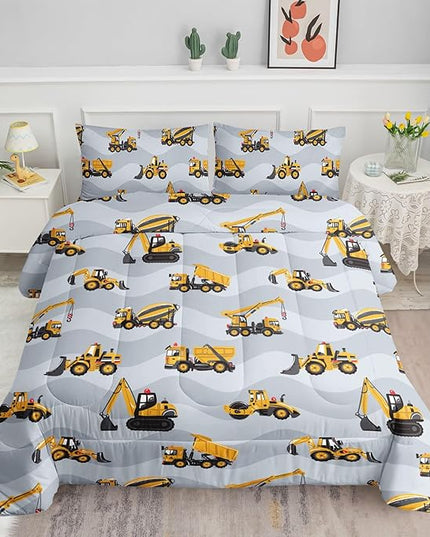 Datura home Construction Truck Comforter Set for Boys Kids Children,Grey Machinery Truck Excavators Vehicles Cartoon Tractor Bedding Set with 1 Comforter and 2 Pillowcases(Truck Grey Full) 80x90in - LeafyLoom