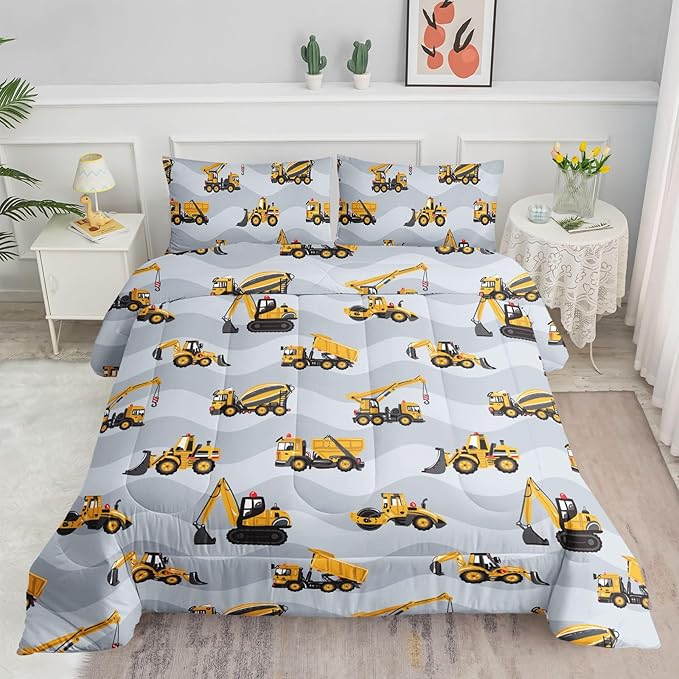 Datura home Construction Truck Comforter Set for Boys Kids Children,Grey Machinery Truck Excavators Vehicles Cartoon Tractor Bedding Set with 1 Comforter and 2 Pillowcases(Truck Grey Full) 80x90in - LeafyLoom