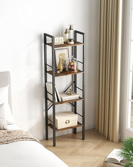 Tajsoon 4 Tier Bookshelf Industrial Ladder Shelf, Tall Skinny Bookshelf with Wood, Freestanding Thin Bookshelf for Home Office, Living Room, Bedroom, Metal Frame, Rustic Brown - LeafyLoom
