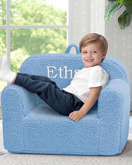 Delta Children Personalized Sherpa Cozee Chair - Customize with Name – Foam Kids Chair for Ages 18 Months and Up, Powder Blue - LeafyLoom